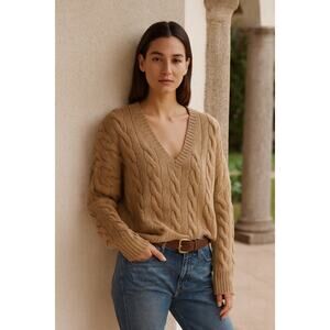 Polo Ralph Lauren Womens 2XL V-Neck Sweater Wool Cashmere Camel Cable Knit NWT